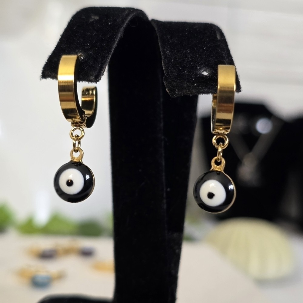 Gold Stainless Steel Huggie Hoop Earrings with Evil Eye Charm - Picture 13 of 17